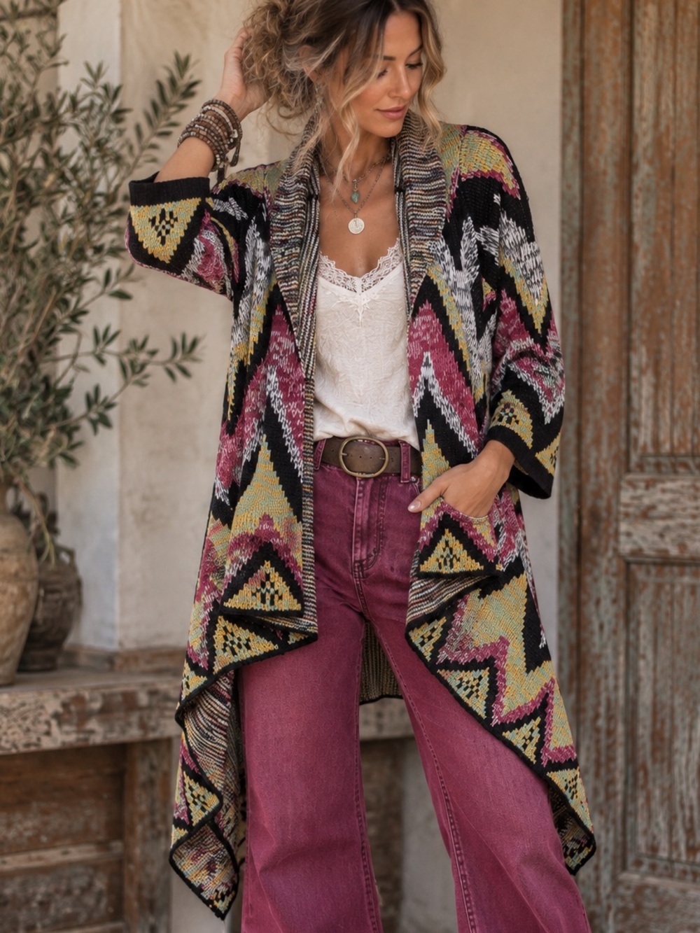 🌵 Woven Heart Southwestern Aztec Waterfall Cardigan Large